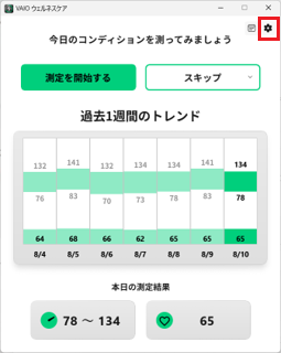 VAIOウェルネスケアのトップ画面右上に設定ボタンを赤で囲んだ画面
